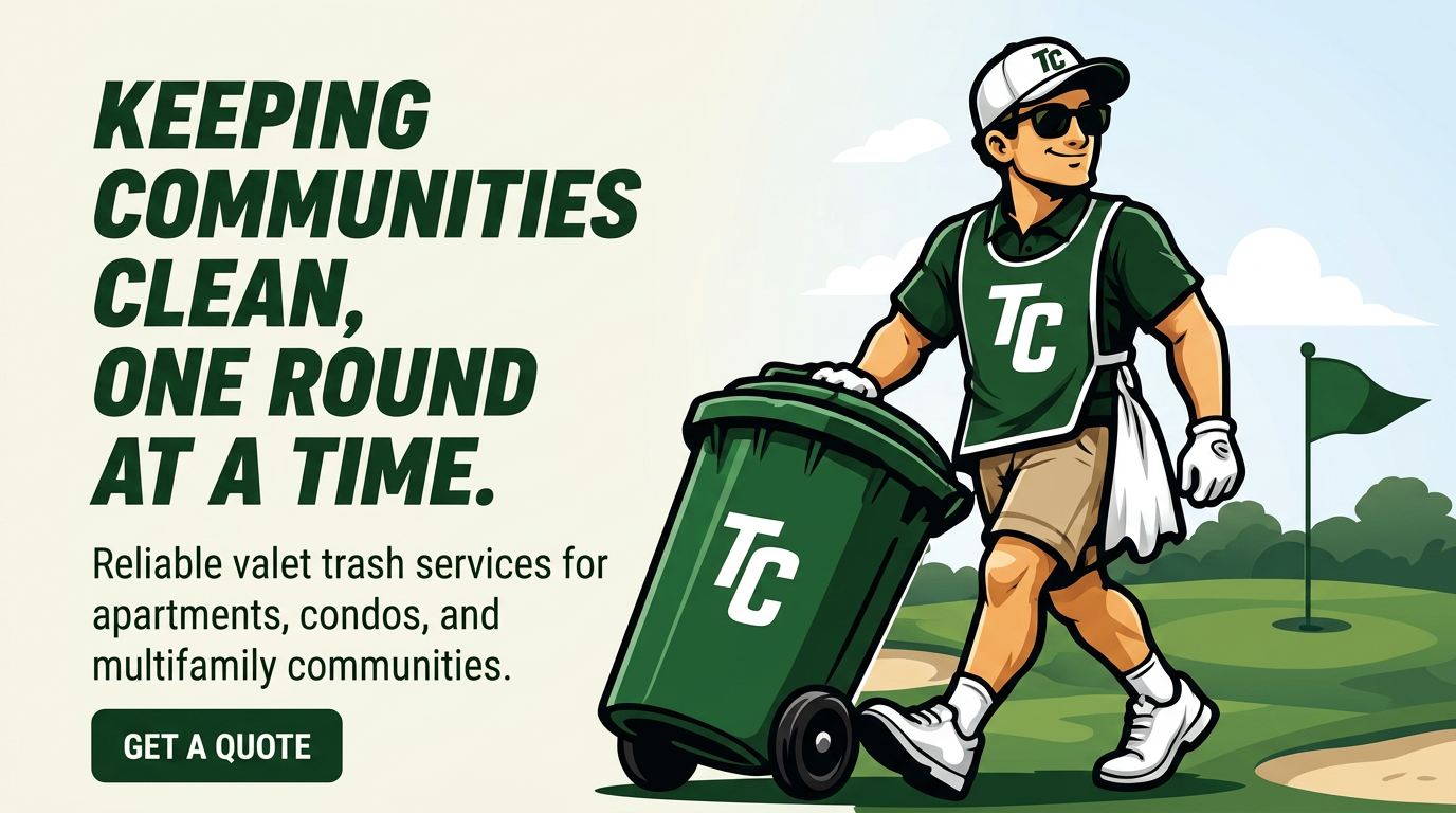 Trash Caddie valet trash attendant rolling a branded bin across a golf course